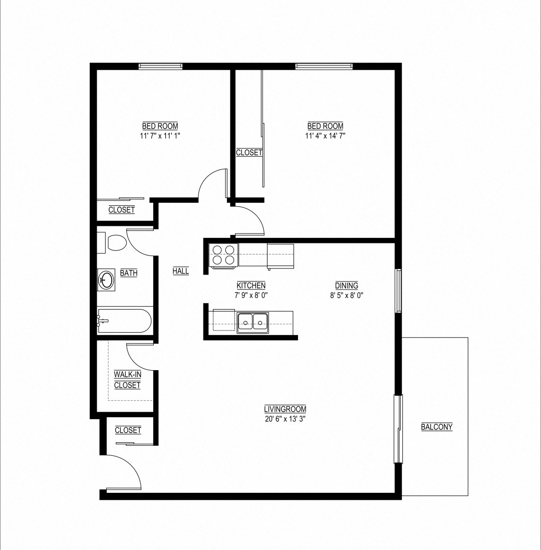 Floor plan for 2 beds, 1 bath, 941 sqft